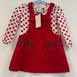 NEW NWT Max Studio Girls Red Corduroy Apple Print Jumper Dress & Shirt Size 12M
